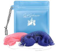 SubSahara Esponja exfoliante africana auténtica, 2 piezas para todo tipo de piel, ideal para uso diario de cara y cuerpo, duradera, portátil de viaje (azul y rosa)
