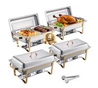 SucceBuy Juego de buffet de plato de frotamiento de 8 cuartos de galón, paquete de 4, chafer de acero inoxidable con 2 sartenes de tamaño completo y 4 tamaño medio, servidor calentador de catering Sil