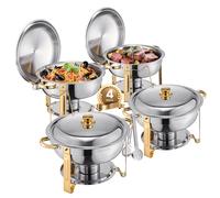 SucceBuy Paquete de 4 platos de frotamiento, juego de Buffet, chafer de acero inoxidable con 4 sartenes de tamaño completo, servidor calentador de Catering redondo para banquetes de fiesta gold