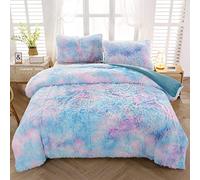 SUCSES Juego de Funda de edredón Azul tamaño Queen, Juego de Ropa de Cama mullida de teñido Anudado arcoíris para niñas, Juego de Funda de edredón de Felpa Peluda para decoración de Dormitorio (1