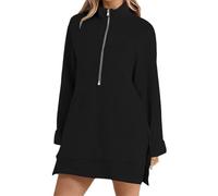 Sudadera básica con capucha de color media cremallera cuello alto sudadera larga moderna y simple abertura suelta bolsillo sudadera cuello redondo sudaderas mujer, Negro, M