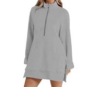 Sudadera básica con capucha de color media cremallera cuello alto sudadera larga moderna y simple abertura suelta bolsillo sudadera cuello redondo sudaderas mujer, gris, M