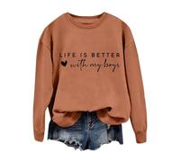 Sudadera cómoda con texto en inglés "Life Is Better With My Boys" para mujer, sudadera divertida con letras de mamá, sudadera casual para mujer, tallas grandes, café, M