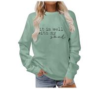 Sudadera con capucha azul para mujer sin capucha para otoño e invierno, elegante cuello redondo con estampado de letras para el día a día, perfecto casual, adecuado para vaqueros para el último suéter