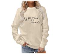 Sudadera con capucha azul para mujer sin capucha para otoño e invierno, elegante cuello redondo con estampado de letras para el día a día, perfecto casual, adecuado para vaqueros para el último suéter