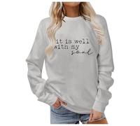 Sudadera con capucha azul para mujer sin capucha para otoño e invierno, elegante cuello redondo con estampado de letras para el día a día, perfecto casual, adecuado para vaqueros para el último suéter