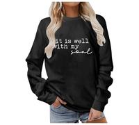 Sudadera con capucha azul para mujer sin capucha para otoño e invierno, elegante cuello redondo con estampado de letras para el día a día, perfecto casual, adecuado para vaqueros para el último suéter