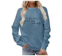 Sudadera con capucha azul para mujer sin capucha para otoño e invierno, elegante cuello redondo con estampado de letras para el día a día, perfecto casual, adecuado para vaqueros para el último suéter