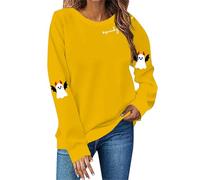Sudadera con capucha casual con estampado de Halloween, cuello redondo, manga larga, sin sombrero, media camisa, amarillo, L