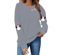 Sudadera con capucha casual con estampado de Halloween, cuello redondo, manga larga, sin sombrero, media camisa, gris, L