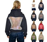 Sudadera con capucha con espalda de malla hueca para mujer, casual, manga larga, diadema, bolsillo, unisex, vintage, para hombre y mujer, Negro, XS