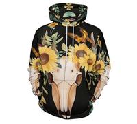 Sudadera con Capucha con Estampado 3D Cráneo De Ciervo Y Girasol Hoodie de Manga Larga Estilo Bohemio Jersey Cálido Camisetas de Gimnasio Informales de Hip Hop con Bolsillo