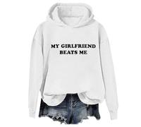 Sudadera con capucha con texto en inglés «My Girlfriend Beats Me» para marido, esposa, mi novia, me golpea, unisex, blanco, L