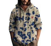 Sudadera con capucha de algodón y lino para hombre, cuello de manga larga, sin botones, camisetas de manga corta para menos de 10 años, azul, L