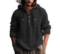 Sudadera con capucha de algodón y lino para hombre, manga larga, tela ligera y transpirable, con cierre de botón, camiseta casual adecuada para capas de primavera y otoño, Negro, S