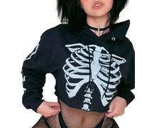 Sudadera con capucha de calavera recortada con capucha de esqueleto Y2k Gothic Grunge Steampunk Dark Academia Alt Emo Anime Short Pullover, Negro, S