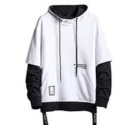 Sudadera con capucha de color de contraste para hombre, con retazos, ropa técnica, hip hop, clásica, sudadera emo de manga larga Y2K, sudadera de gran tamaño, chaqueta urbana de retazos, blanco, M