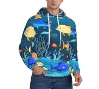 Sudadera con capucha de forro polar para hombre, suave y cálida, con estampado completo del mundo de peces subacuático azul y bolsillo canguro para primavera y otoño, Negro, M