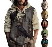 Sudadera con capucha de Halloween para hombre, con estampado de pájaro de bruja, con botones, de manga larga, ropa deportiva, disfraces de vacaciones, para adultos, gris oscuro, 3XL