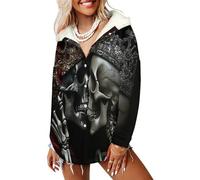 Sudadera con Capucha de Invierno Estilo Rock Gótico Chaqueta de Forro Polar para Mujer Esqueletos Del Rey Y La Reina Chaqueton Borreguito Tallas Grandes Abrigo Cálido Largo con Bolsillo, Negro