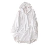 Sudadera con capucha de lino y algodón para mujer, estilo casual, holgada, con botones, de manga larga, para verano, playa, estilo vintage, a la moda, blusas elegantes, blusas ligeras, blanco, L