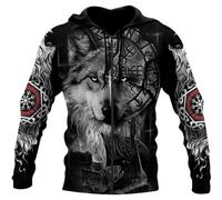 Sudadera con Capucha de Lobo Vikingo Nórdico - Chaqueta con Cremallera Unisex con Estampado 3D de Odin Fenrir Vegvisir Tattoo Punk Harajuku - Top Pagano Suelto de Manga Larga de Otoño ( Color : Zip Ho