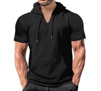 Sudadera con capucha de manga corta para hombre, con bolsillo canguro, cuello en V, ligera, de verano, gimnasio, entrenamiento, correr, parque, caminar, fin de semana, Negro, XXL