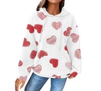 Sudadera con capucha de punto gofre con estampado de corazón para mujer, talla grande, ajuste relajado, manga larga, informal, para San Valentín, rosso, L