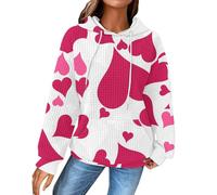 Sudadera con capucha de punto gofre con estampado de corazón para mujer, talla grande, ajuste relajado, manga larga, informal, para San Valentín, hot pink, XL