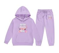 Sudadera con capucha genérica para niños 2026 de gran tamaño manga larga con letra impresa top suéter pantalones moda occidental invierno gruesa ropa corpiño (Purple, 10-11 Years)