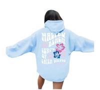 Sudadera con capucha gráfica casual con estampado de letras con bonitos trajes de otoño para mujer (azul claro, L)