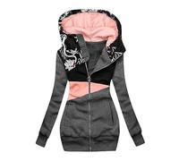 Sudadera con capucha gráfica con cremallera y estampado de colores, chaqueta de manga larga conectada para mujer, chaqueta cálida informal para mujer, gris, S