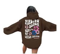 Sudadera con capucha gráfica con estampado de letras y cuello redondo para mujer, café, XXL