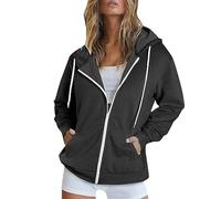 Sudadera con capucha gráfica de manga larga con cremallera y bolsillo para mujer, gris oscuro, XL