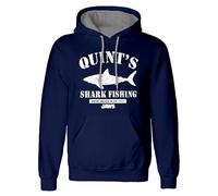 Sudadera con capucha Jaws Quints Shark Fishing Premium - Sudadera oficial para adultos | Sudadera con capucha gráfica con logotipo de Quints Shark Fishing | Ajuste unisex, azul marino, S