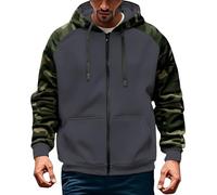 Sudadera con capucha lisa con cremallera para hombre, con bloqueo de camuflaje, con cremallera, manga larga, forro polar, casual, para el trabajo, caminar, al aire libre, chaqueta con capucha