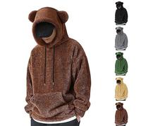 Sudadera con capucha mullida para hombre, sudadera con capucha para hombre, coral, suave, de forro polar, con orejas de oso, sudadera térmica con bolsillos de canguro, sudadera cálida de manga larga