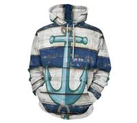Sudadera Con Capucha Para Hombre Con 3D Impreso Ancla Náutica, Unisex Hoodie Hip Hop Hombre Talla Grande Sudadera Con Capucha Veta De Madera Vintage Manga Larga Pull-Over Tops Suéter, Azul Y Blanco