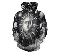 Sudadera Con Capucha Para Hombre Con 3D Impreso Sol Luna Dibujados, Unisex Hoodie Hip Hop Hombre Talla Grande Sudadera Con Capucha Cielo Estrellado Misterioso Manga Larga Pull-Over Tops Suéter, Negro