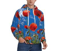 Sudadera con capucha para hombre con estampado de amapolas en cielo azul, forro polar fino, manga larga, holgada, con bolsillo y cordón cómodo para entrenamiento, Negro, XS