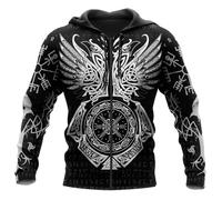Sudadera con Capucha para Hombre con Tatuaje Vikingo y Cuervos de Odín - Suéter de Manga Larga con Impresión 3D, Mjölnir, Chaqueta con Cremallera, Mitología Nórdica, Estilo Urbano(Zip Aegishjalmur,4XL