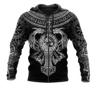 Sudadera con Capucha para Hombre con Tatuaje Vikingo y Cuervos de Odín - Suéter de Manga Larga con Impresión 3D, Mjölnir, Chaqueta con Cremallera, Mitología Nórdica, Estilo Urbano(Zip Fenrir Mjölnir,3