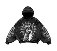 Sudadera con capucha para hombre de gran tamaño con estampado gráfico retro para parejas de ropa de calle con diseño artístico en la espalda y las mangas, estilo gótico para un urbano, O negro