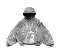 Sudadera con capucha para hombre de gran tamaño con estampado gráfico retro para parejas de ropa de calle con diseño artístico en la espalda y las mangas, estilo gótico para un urbano, O gris., L