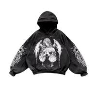 Sudadera con capucha para hombre de gran tamaño con estampado gráfico retro para parejas de ropa de calle con diseño artístico en la espalda y las mangas, estilo gótico para un urbano, P negro., XL