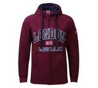 Sudadera con capucha para hombre London England de Itzu, diseño Union Jack, cremallera completa, algodón, rojo (Maroon), XXL