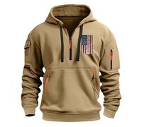 Sudadera con capucha para hombre, primavera, otoño e invierno, impresión 2D, retro, bandera nacional, casual, con múltiples bolsillos, media cremallera, con puntera abierta, caqui, 3XL