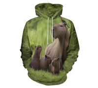 Sudadera con Capucha para Hombre y Mujer, Sudadera Divertida con Familia De Capibaras 3D, Jersey cálido de Manga Larga Pastizales Sudamericanos Pull-Over Tops, Ropa de Calle Sweatshirt con Bolsillo