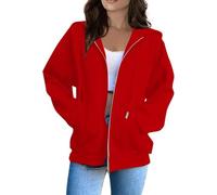 Sudadera con capucha para mujer, color liso, con cremallera, de manga larga, informal, a la moda, holgada, con bolsillos, 01-rojo, L