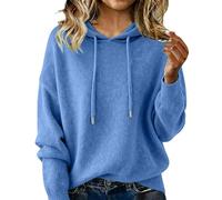 Sudadera con capucha para mujer, cómoda, lisa, color liso, suelta, para primavera y otoño, hombros expuestos, para regalos de Navidad al aire libre, azul, L